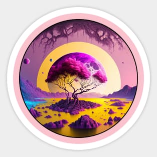 Explore the Vibrant Landscapes of a Purple Planet with Yellow Rivers Sticker